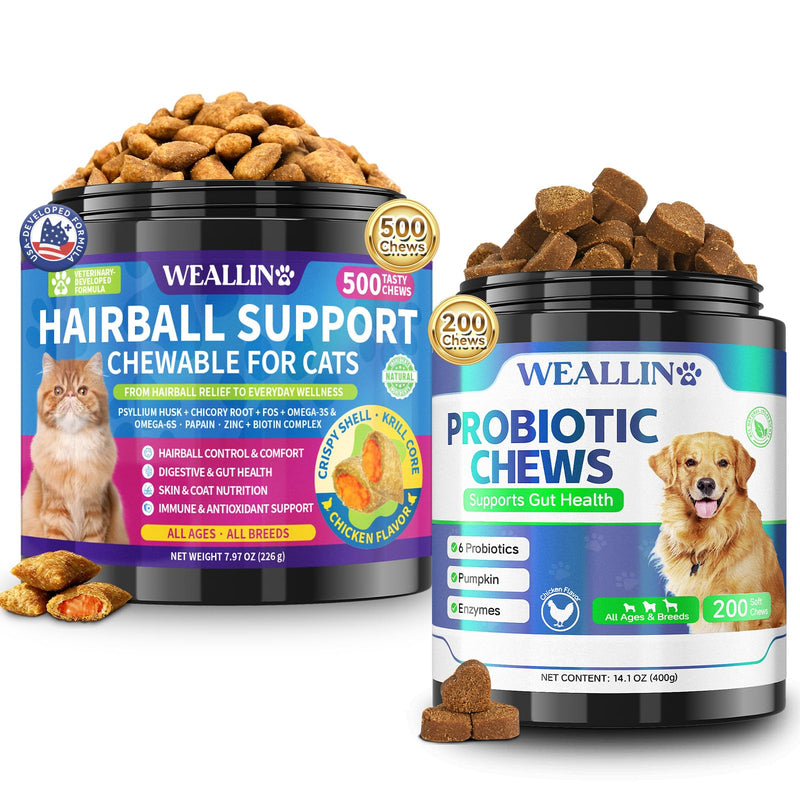 Cat Hairball Support Chews (500 Chews) + Dog Probiotics Chews (200 Chews) Bundle - Hairball Control for Cats & Digestive, Gut Health, Itchy Skin Relief for Dogs, Chicken Flavor Cat Treats + Probiotics