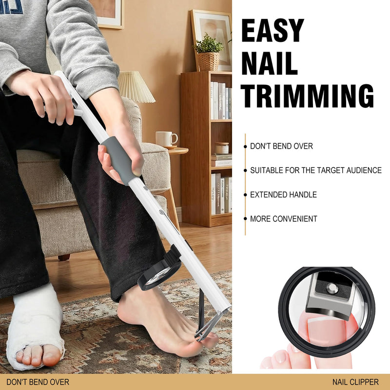Long Handled Toenail Clippers with Magnifier, Ergonomic Wide Jaw for Thick Nails, Easy Reach Pedicure Tool for Seniors, Arthritis & Overweight, 27.5in White