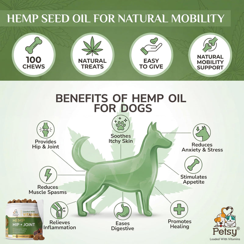 Petsy Hip and Joint Supplements for Dogs CALMING Hemp ACTIVE, Glucosamine, Chondroitin, MSM. Multivitamins |100 SOFT Chews| Daily NATURAL Aid CALMING Hemp oil suitable for All Dogs + Age Related Pain One Tub