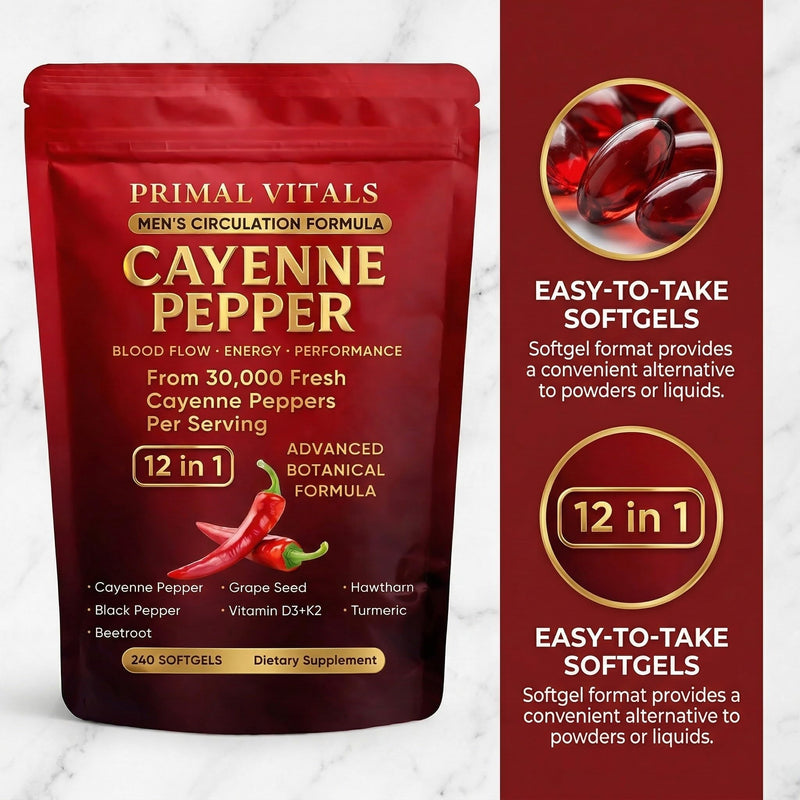 Primal Vitals Cayenne Pepper Softgels - Apex Vitals 12-in-1 Botanical Blend with Grape Seed, Hawthorn, Turmeric, Beetroot, Black Pepper & Vitamin D3 + K2, Wellness & Circulation Support - 240 Softgels