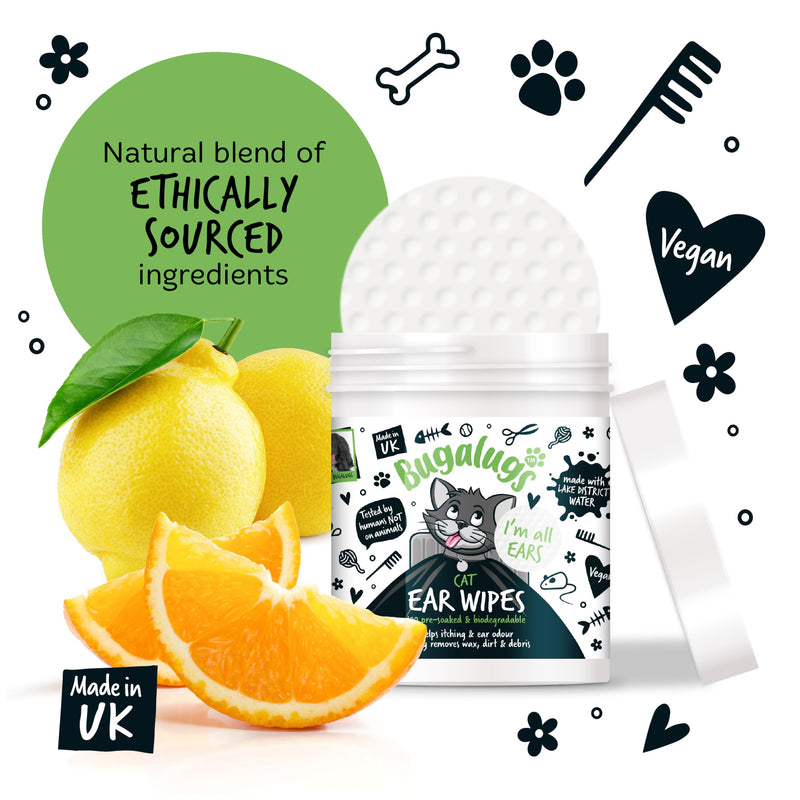 BUGALUGS Cat Ear Cleaner Cat Wipes 100 Biodegradable textured pre-soaked cat ear wipes. Pet Wipes Cat Ear Cleaner Solution Stops Head Shaking, Itching & Waxy Ears (100 Wipes)