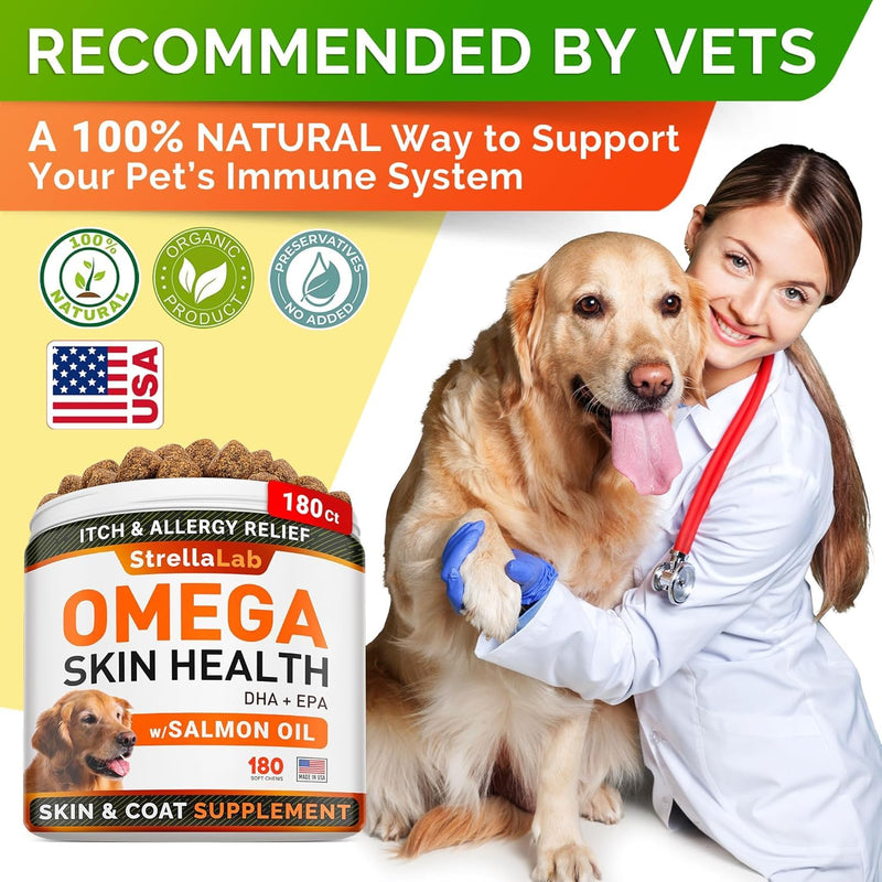 StrellaLab Omega 3 for Dogs - (180Ct) Fish Oil Treats - Allergy & Itch Relief Skin&Coat Supplement - Dry Itchy Skin, Shedding, Hot Spots Treatment, Anti Itch - Pet Salmon Oil Chews - Smoked Salmon - BeesActive Australia