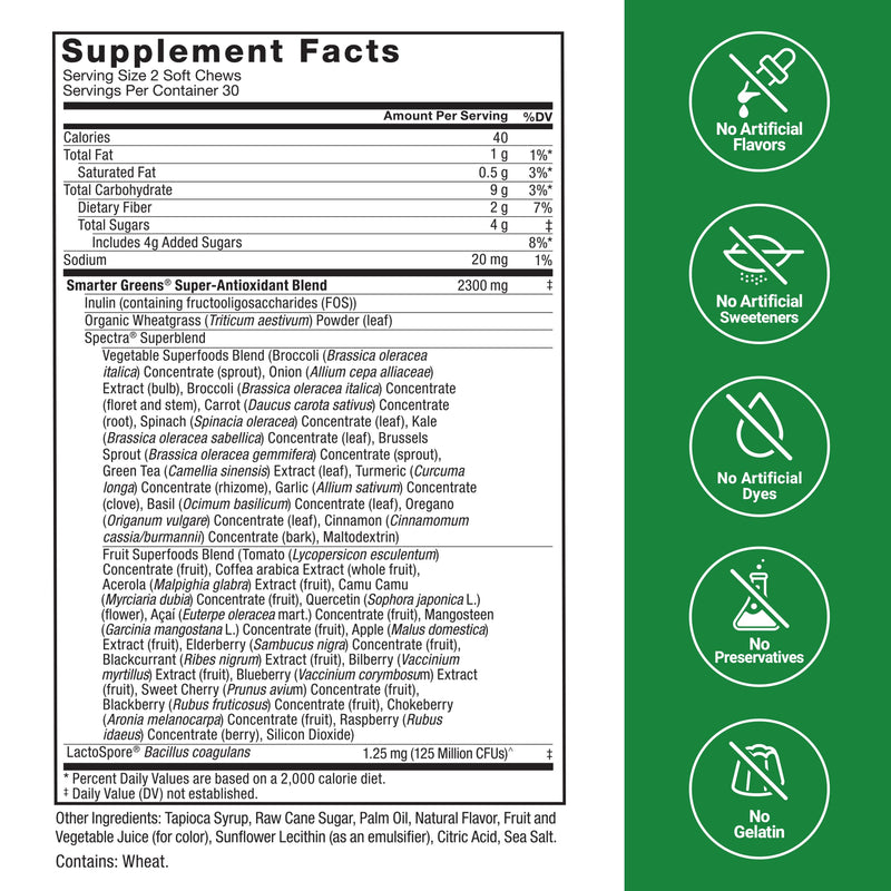 FORCE FACTOR Smarter Greens Superfood Chews, Greens and Superfoods with Probiotics, Antioxidants, and Fiber, Greens Supplement to Support Digestion, Nitric Oxide, and Energy, 60 Soft Chews 60 Count (Pack of 1)