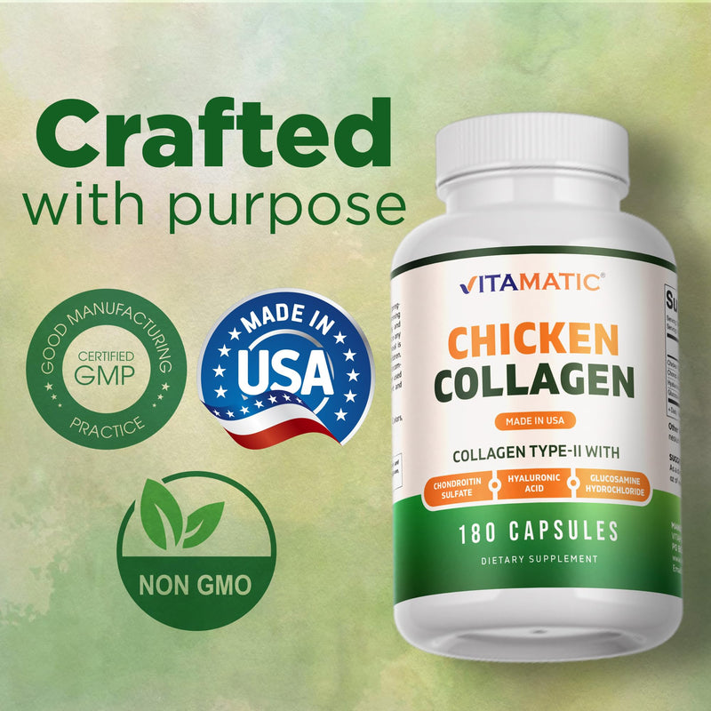 Vitamatic Chicken Collagen 3000 mg (Per Serving) with Glucosamine, Chondroitin & Hyaluronic Acid | 180 Capsules | Non-GMO | Gluten Free