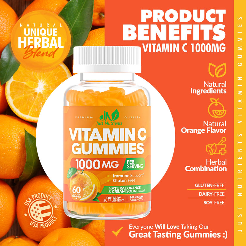 Vitamin C 1000mg Gummies for Adults & Kids – Multivitamin with Zinc & Herbal Extracts for Immune & Collagen Support for Skin – Orange Flavor – Gluten Free, Non-GMO, Vegetarian – 60 Gummies 60 Count (Pack of 1) - BeesActive Australia