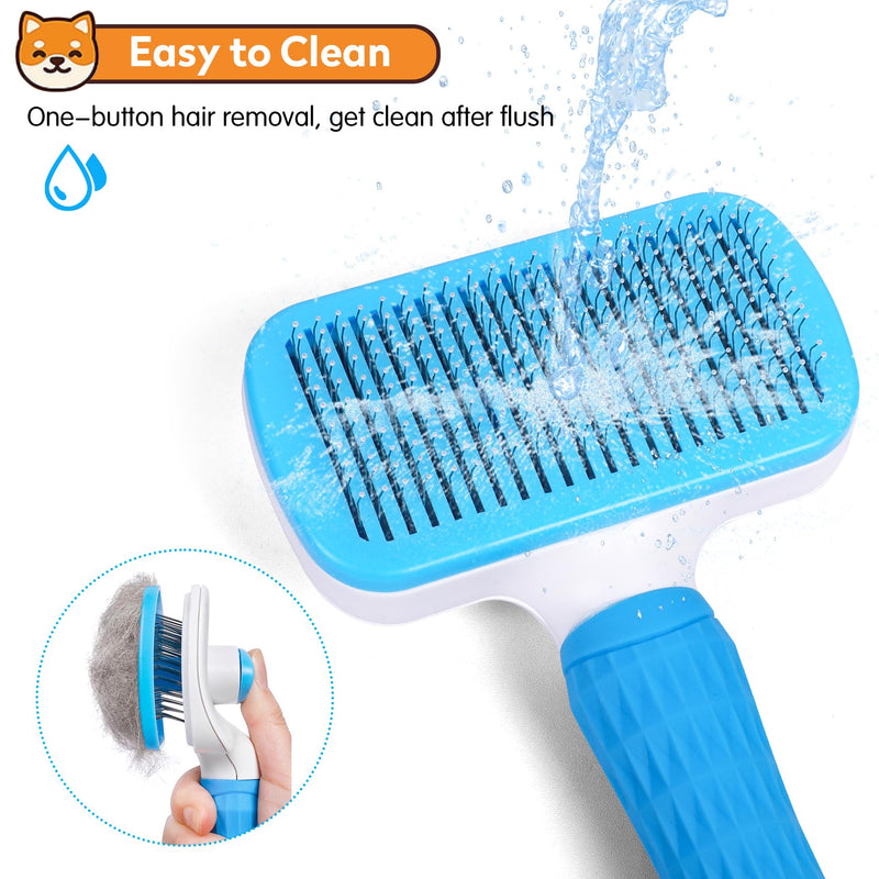 Dog & Cat Brush, Self Cleaning Slicker Brush for Pets, Upgraded Dog Brush for Shedding Massaging and Grooming, Removes Loose Undercoat & Portable Comb for Long Short Haired Dogs(Blue) 1 Regular Blue - BeesActive Australia