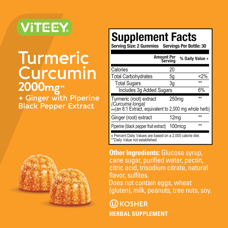Turmeric Curcumin Gummies with Ginger & Black Pepper Herbal Supplement, 2000mg, Immune Support, Healthy Skin, and Joint Health, Vegan, Pectin Based, for Adults and Teens - Chewable Peach Flavor(2Pack) 60 Count (Pack of 2) - BeesActive Australia