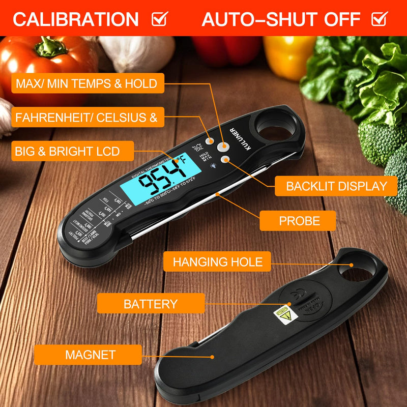 KULUNER TP-01 Waterproof Digital Instant Read Meat Thermometer with 4.6 Folding Probe Backlight Calibration Function for Cooking Food Candy, BBQ Grill, Liquids,Beef(Black) Black - BeesActive Australia