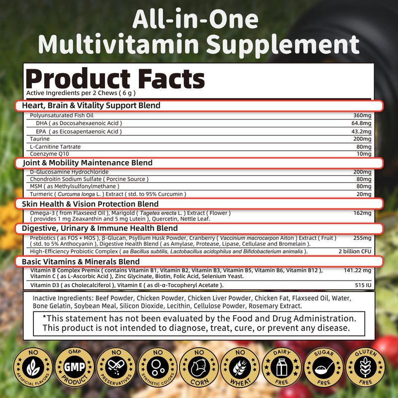25-in-1 Dog Multivitamin Chews – All-in-One Daily Vitamins & Supplements for Dogs, Joint Support with Glucosamine MSM, Omega-3 Skin & Coat, Gut, Heart & Brain, All Breeds & Ages, Chicken, 60 Ct 60 Count