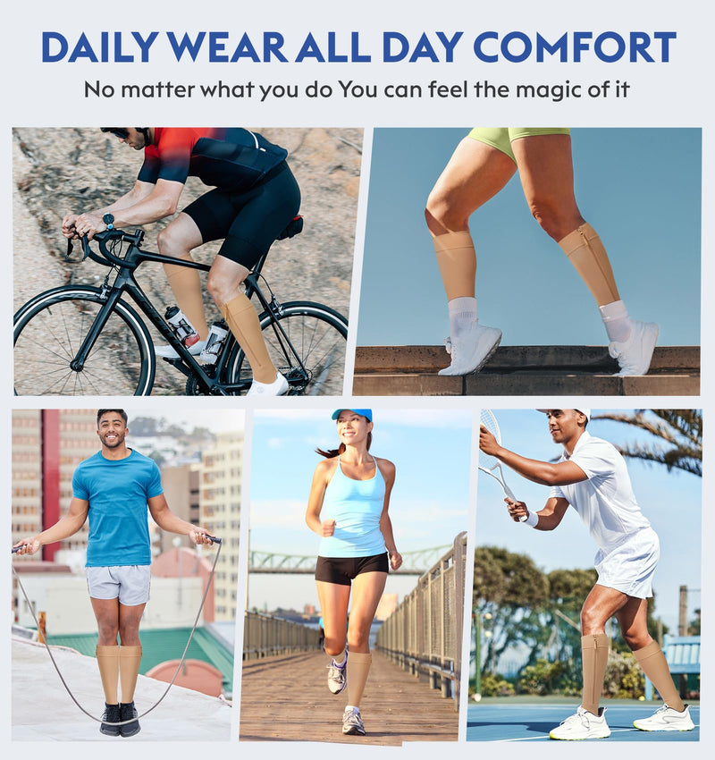 KEKING® Zipper Compression Socks for Men Women, Open Toe, 20-30mmHg Firm Support Knee High Zipper Compression Stockings for Wide Calf - Varicose Veins, DVT, Shin Splints, Edema, Nursing, Beige XXL XX-Large Open Toe Beige - BeesActive Australia