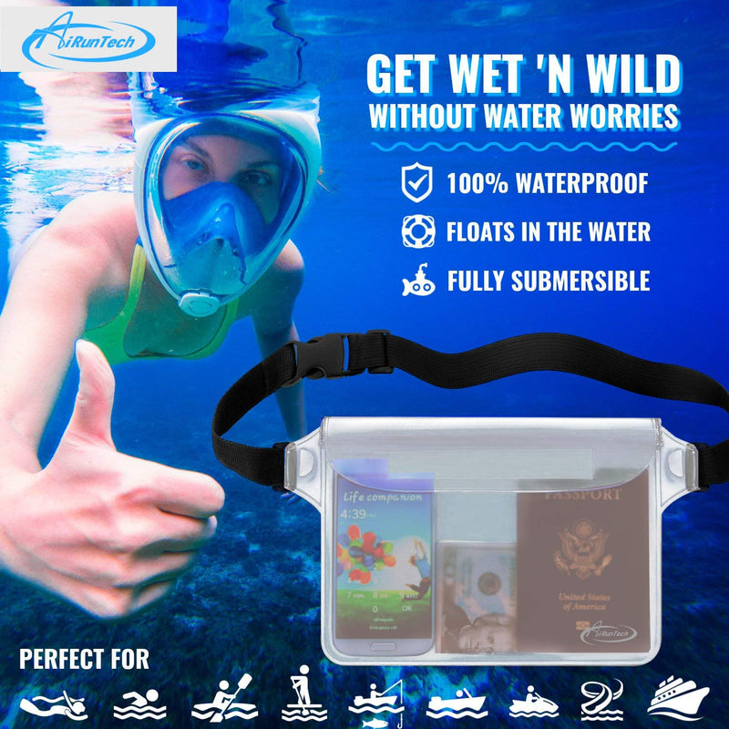 AiRunTech Waterproof Pouch with Waist Strap (2 Pack) | Beach Accessories Best Way to Keep Your Phone and Valuables Safe and Dry | Perfect for Boating Swimming Snorkeling Kayaking Beach Pool Water Park Clear + Clear