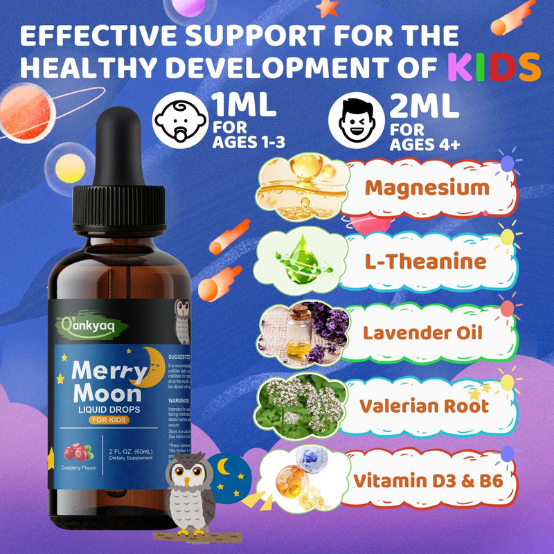 Kids Magnesium Liquid Drops with L-Theanine for Calm & Sleep, Sugar-Free | Vegan Supplement with Vitamin D3 & B6 for Focus, Relaxation & Healthy Sleep, Natural Cranberry Flavor