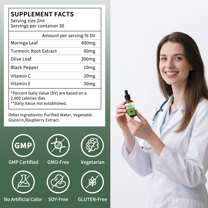 2 Pack（4 Fl Oz） Moringa Liquid Drops 800 mg For Women- with Moringa Oleifera Leaf Extract, Turmeric Root Extract, Olive Leaf, Black Pepper, Vitamin C & E，Antioxidant, Energy and Immunity Support. 2 Fl Oz (Pack of 2)