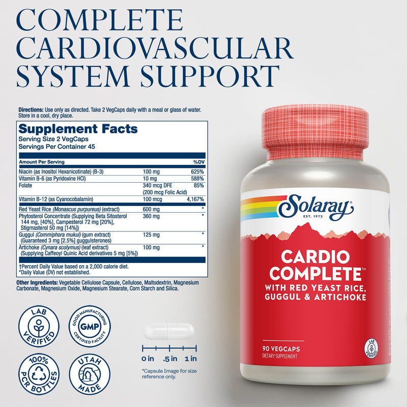 SOLARAY Cardio Complete with Red Yeast Rice, Guggul & Artichoke Extracts, Plus B Vitamins and More - Lab Verified, 60-Day Guarantee - 45 Servings, 90 VegCaps