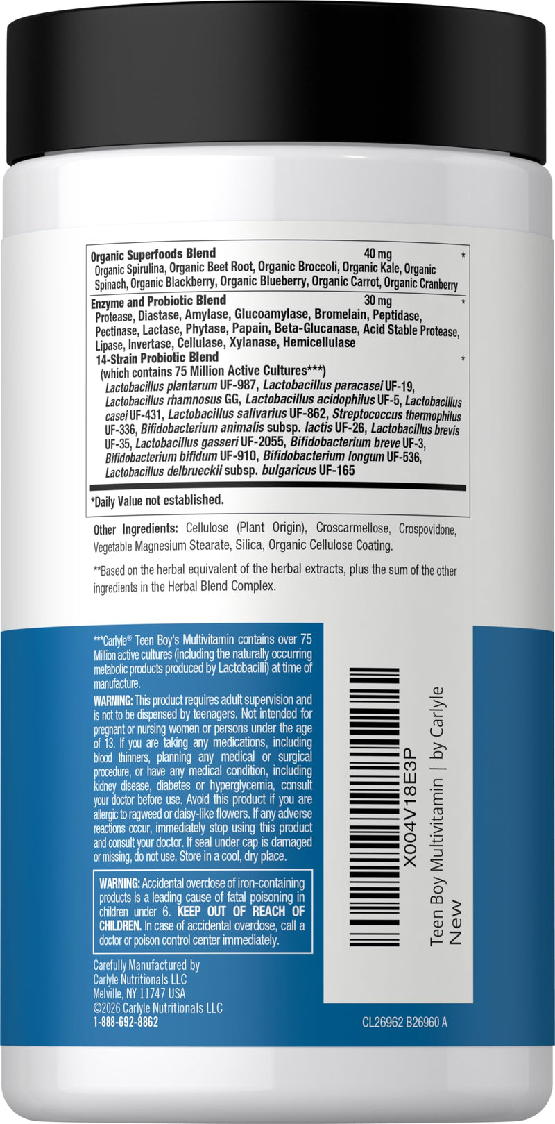Carlyle Teen Multivitamin for Boys | 60 Caplets | Once Daily | Easy to Digest with Probiotics & Enzymes | with Iron | Non-GMO, Gluten Free