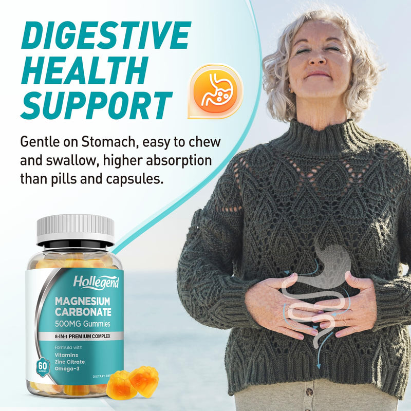 Magnesium Carbonate Gummies, Magnesium Carbonate Complex 500mg Supplement with D3 & K2 for Women & Men, with Zinc, Vitamin C, B6 & B12, Muscle & Digestive Support, Mango Flavor, Sugar Free, 60 Ct