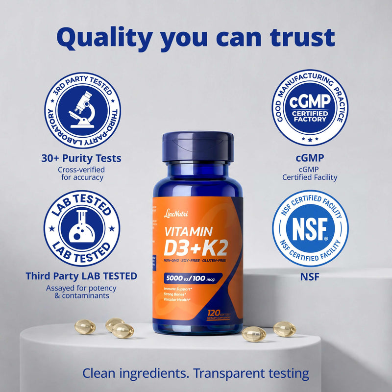 Vitamin D3 K2 5,000IU MK7 100mcg, 120 Softgels, 3rd Party Tested | Non-GMO · Soy Free · Gluten Free · Keto, Sunflower Seed Oil, Easy to Swallow for Bone & Heart Health, 4-Month Supply Vitamin D3 K2 5000IU