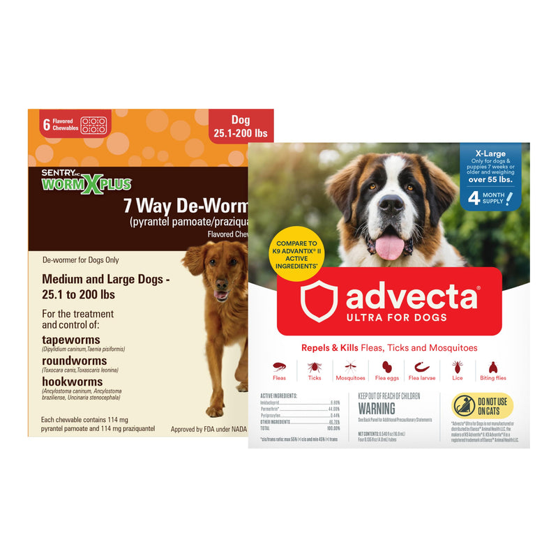 Worm X Plus 7 Way DeWormer for Large Dogs Over 25 lbs (6 Count) + ADVECTA Flea and Tick Prevention for XL Dogs Over 55 lbs (4 Count) Bundle