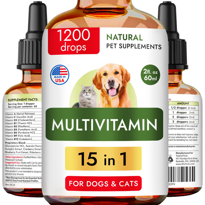 15-in-1 Liquid Multivitamin for Dogs & Cats - Glucosamine for Dogs, Cranberry, Vitamin B Complex - Balanced Ingredients for Joint, Digestive, Immune, Skin & Coat and UTI Support - US Made - 2.0Fl Oz 6.0 fl oz