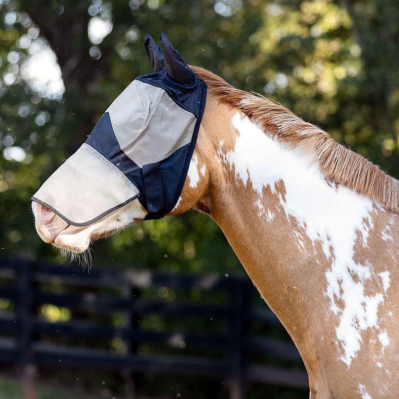HORZE Horse Fly Mask with Long Nose Cover and Ears | Full Coverage UV Protection - Durable Micro Mesh Cob Light Brown/Black - BeesActive Australia