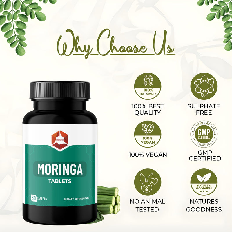 Moringa Tablets | 1000mg Organic Moringa Oleifera Leaf Powder | Natural Herbal Supplement | Vegan | Non-GMO | 60 Tablets