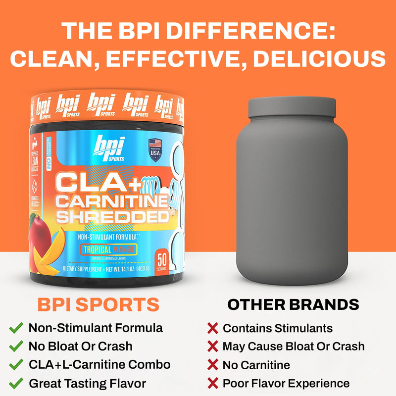 BPI Sports CLA + Carnitine Shredded - Convert Fat Cells Into Energy and Supports Lean Muscle, Boost Metabolism - Non-Stimulant L-Carnitine Supplement - Tropical Mango (14.1 oz. / 50 Servings)