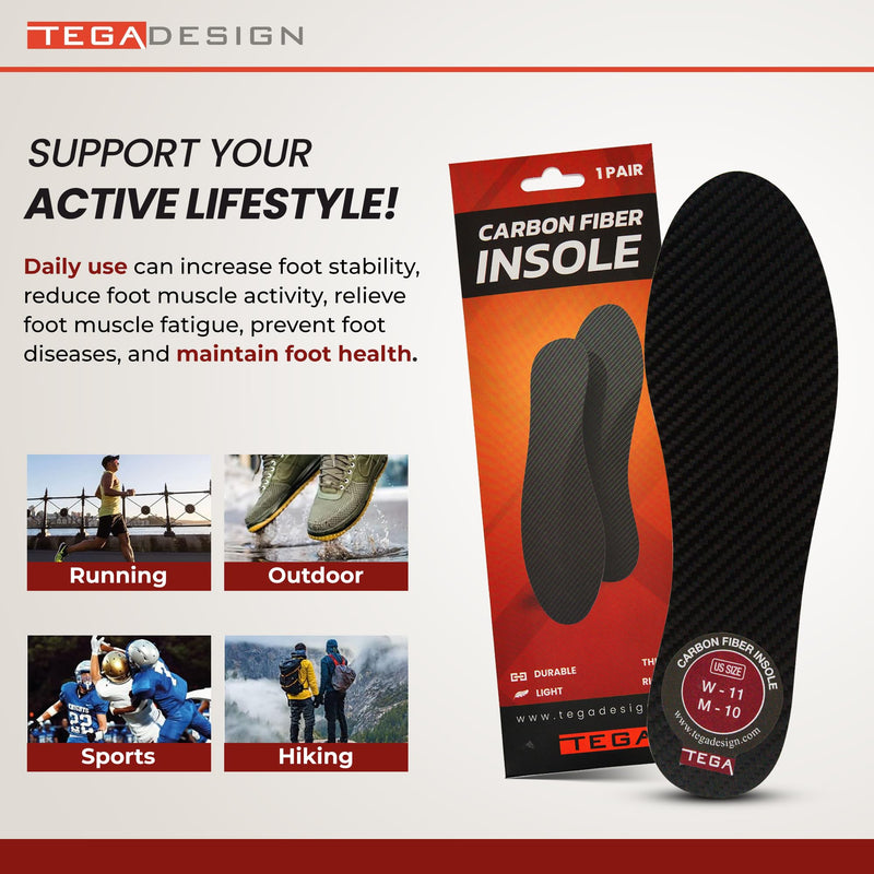 TEGA Carbon Fiber Insole (1 Pair) - for Turf Toe, Foot Fractures, Hallux Rigidus and Limitus - Rigid Shoe Insert for Sports, Hiking, Trekking, Basketball, Running - Alternative to Post Op Shoe Women's 14 - Men's 13