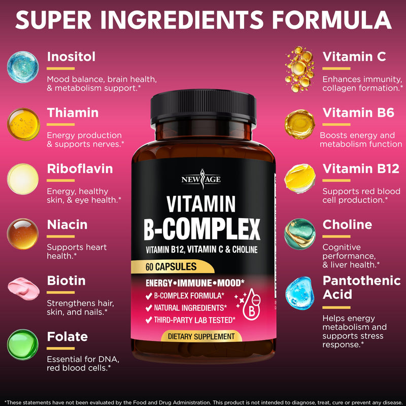 Vitamin B Complex for Men & Women - Made in USA - B-Complex: B1, B2, B3, B5, B6, B7, B8, B9, B12 with Vitamin C, Choline, Inositol - Energy, Brain & Heart Support Supplement - 60 Vegan Capsules 60 Count (Pack of 1)
