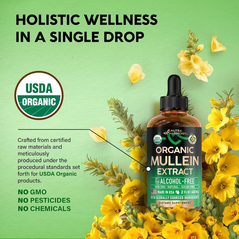 Mullein Drops for Lungs- Mullein Leaf Extract for Lungs-Support Lung Cleanse & Respiratory Function for Healthy Breathing | Non-GMO | Vegan | 2 fl oz Unflavoured