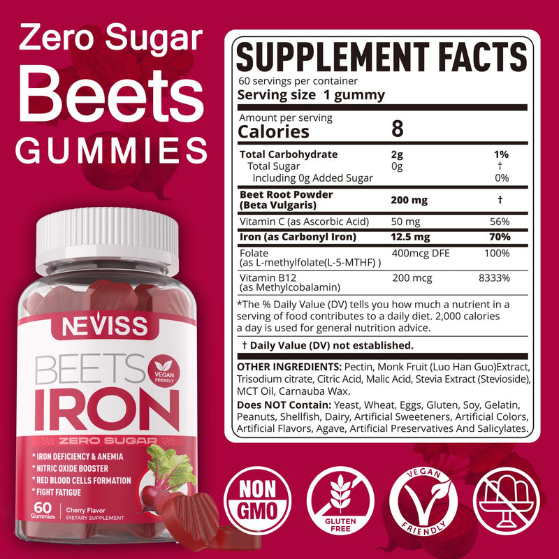 Beet Root Gummies with Iron, Increase Nitric Oxide & Iron Levels, Vegan | Sugar Free, with Methyl B12, Folate, Vitamin C, Energy Support, Fight Fatigue, Beetroot & Gentle Iron Supplement, 60 Count 60 Count (Pack of 1)