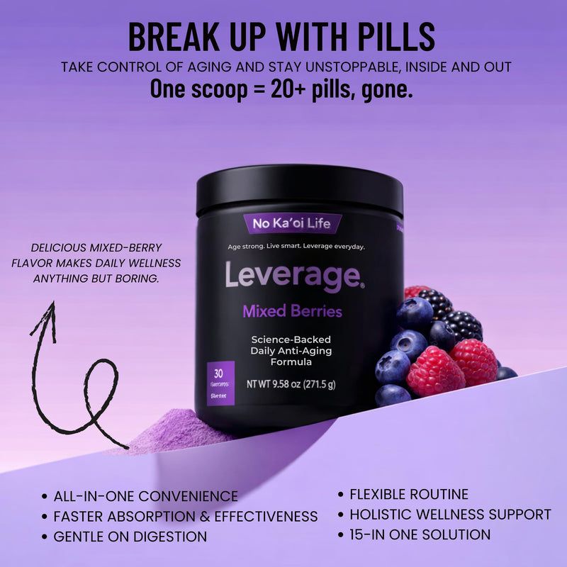 Leverage Mixed Berries Anti–Aging Supplement & Longevity Mix - Daily Wellness Multivitamin Powder with Hyaluronic Acid, L-Glycine & Magnesium for Skin, Energy, Cognitive Function & Joint–30 Servings