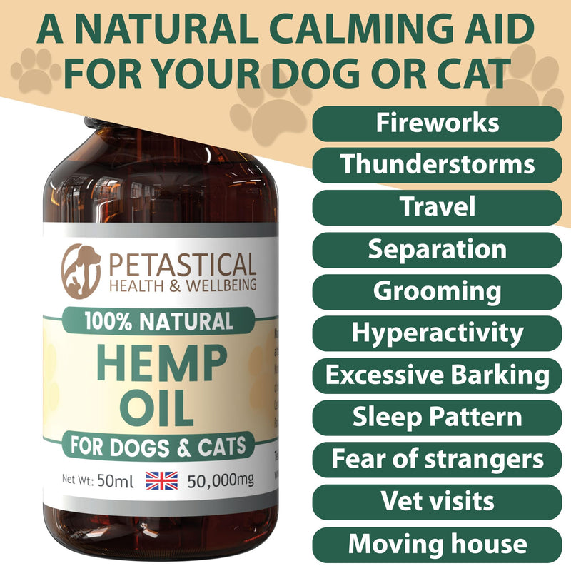Hemp Oil for Dogs, Cats - Natural Calming Aid Omega Vitamins Rich Supplement Drops for Pets, Hip Joint, Valerian Skullcap Alternative - 50 ml 50ml