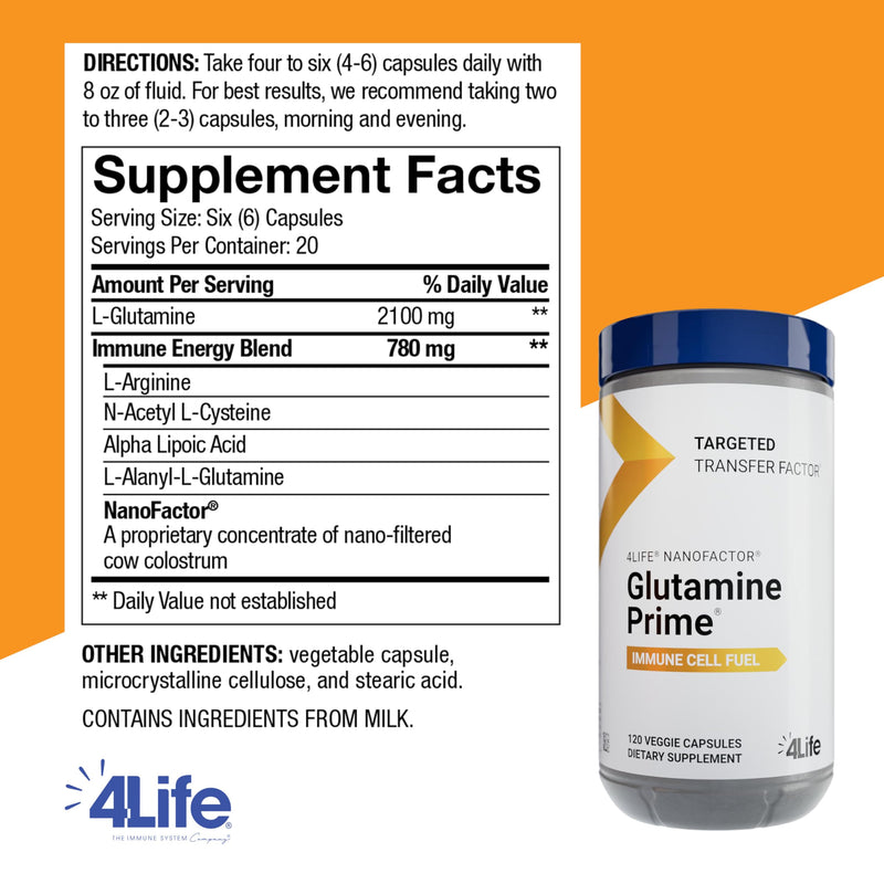 4Life Targeted Transfer Factor Glutamine Prime Immune Support, 120 Capsules | L-Glutamine, NanoFactor colostrum, L-Arginine, Cysteine, Amino acids, Immune cell energy, Cellular wellness, Lipoic Acid