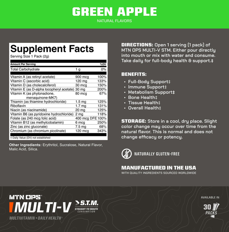 MTN OPS Multi-V STM On-the-Go Daily Multivitamin, 30 Servings | Straight-to-Mouth Multivitamin, Daily Vitamins, On-the-Go Nutrition, Travel Friendly Multi-Vitamins