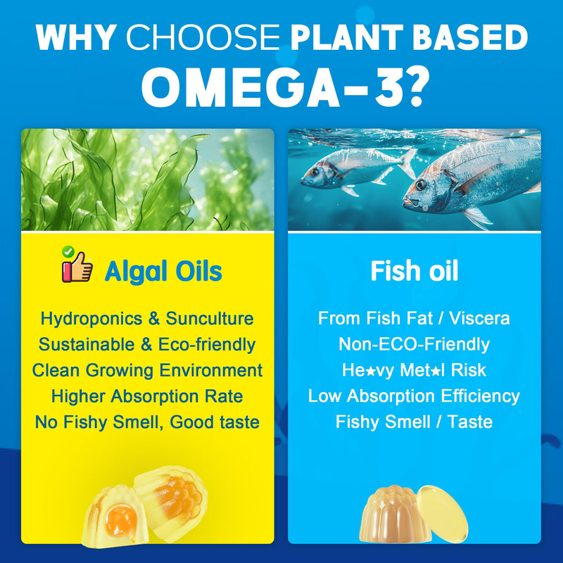 Omega-3 Gummies + CoQ10+ Magnesium- EPA 600mg & DHA 400mg, Fish Oil Omega 3 Supplements Alternative for Women Men Adults - from Vegan Algae Oil- Liposomal Form - with Plant Sterols, Garlic, Sugar Free 60 Count (Pack of 1)