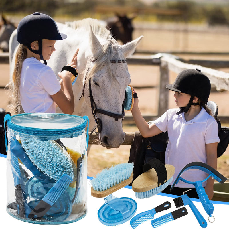 9 Pieces Horse Grooming Kit Tack Room Supplies Set with Organizer Tote Bag, Oval Massage Curry, Hard and Soft Brush, Hoof Pick, Sweat Scraper, Bathing Sponge, Combs for Horse Riders Beginners (Blue) Blue - BeesActive Australia