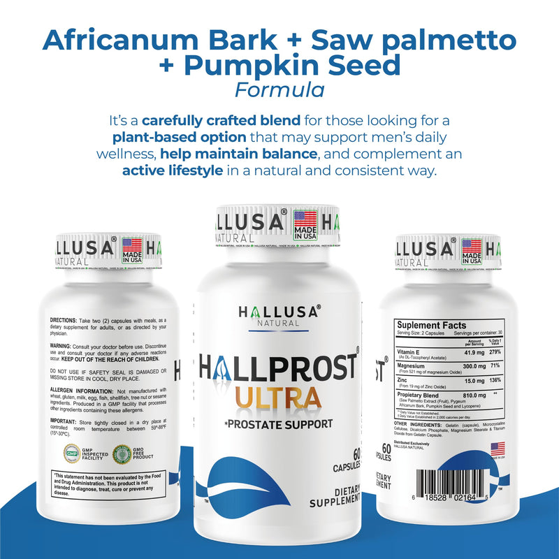 Hallusa Natural Hallprost Ultra Prostate Health Supplement, 60 Capsules | Saw Palmetto Blend 810mg for Urinary Tract & Bladder Support with Lycopene, Pygeum, Pumpkin Seed, Zinc & Vitamin E