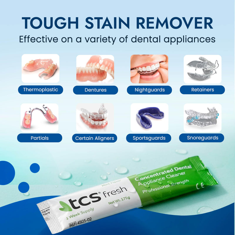 TCS Fresh Concentrated Dental Appliance Cleaner Set, Professional Denture and Retainer Cleaner Powder with Soft Bristle Brush (24 Packets, 6 Month Supply, Mint Flavor) Cleaner Powder with Bristle Brush (24 Packets) - BeesActive Australia