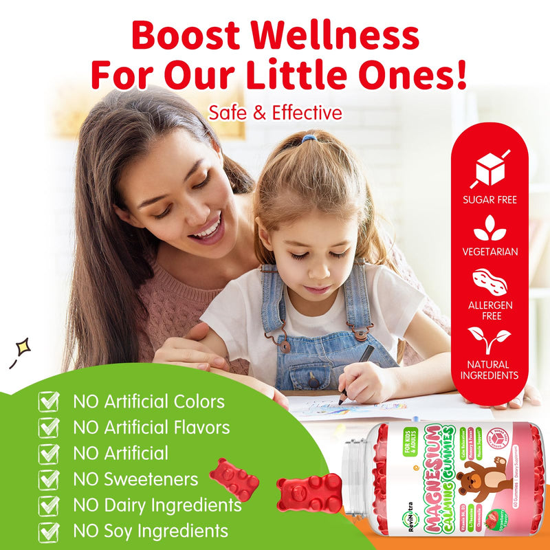 Kids Magnesium Glycinate Gummies, Magnesium Supplement with L-Theanine, Vitamin B6, D3 for Kids & Adults, Calm Magnesium for Sleep Relaxation,Brain,Bones,Sugar Free Strawberry 120ct 60 Count (Pack of 2)