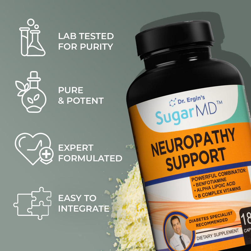 SugarMD Neuropathy Support Supplement – 180 Nerve Supplement Capsules with Alpha Lipoic Acid, Benfotiamine & Vitamin D3 B6 B12 - Nerve Support for Feet Hands Fingers & Legs - 90 Day Supply