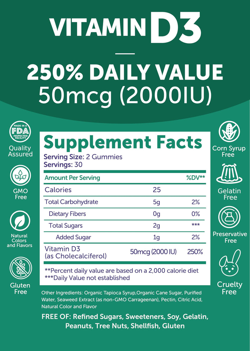 Lunakai USA Made Vitamin D3 Gummies 2000 IU, 60ct | Non-GMO Bone, Immune & Energy Support - Vitamin D Gummies for Women & Men - Tasty, Non-Sticky Daily Supplement 60 Count (Pack of 1)