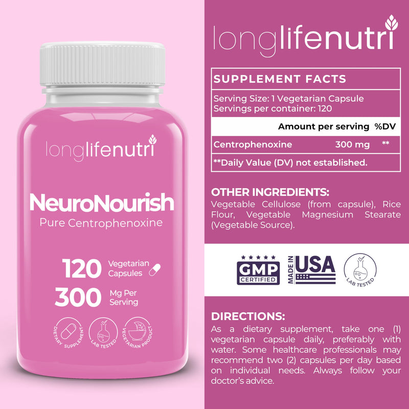 NeuroNourish (Centrophenoxine) 300mg - 120 Vegetarian Capsules, 4-Month Supply, Natural Nootropic for Strengthening Memory, Focus, & Cognitive Function, GMP Certified, Made in USA 120 Count (Pack of 1)