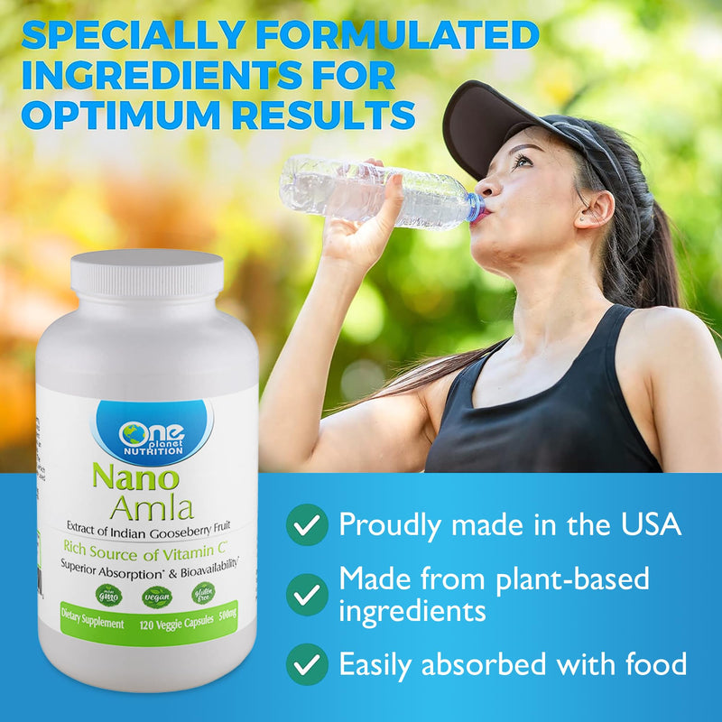 One Planet Nutrition Nano Amla 500 mg Veggie Capsules (120 Servings), Amla Fruit Extract, High in Vitamin C for Collagen Production & Immune Support, Non-GMO, Vegan, Gluten-Free