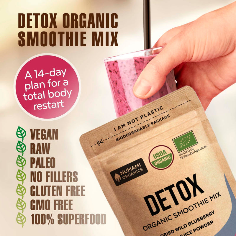 Numami Organic Detox Blueberry Smoothie Powder with Healthy Spirulina, Atlantic Dulse and Barley Grass Juice Powder, Premium Quality superfood from Europe Blueberry Powder 4 Ounce (Pack of 1)