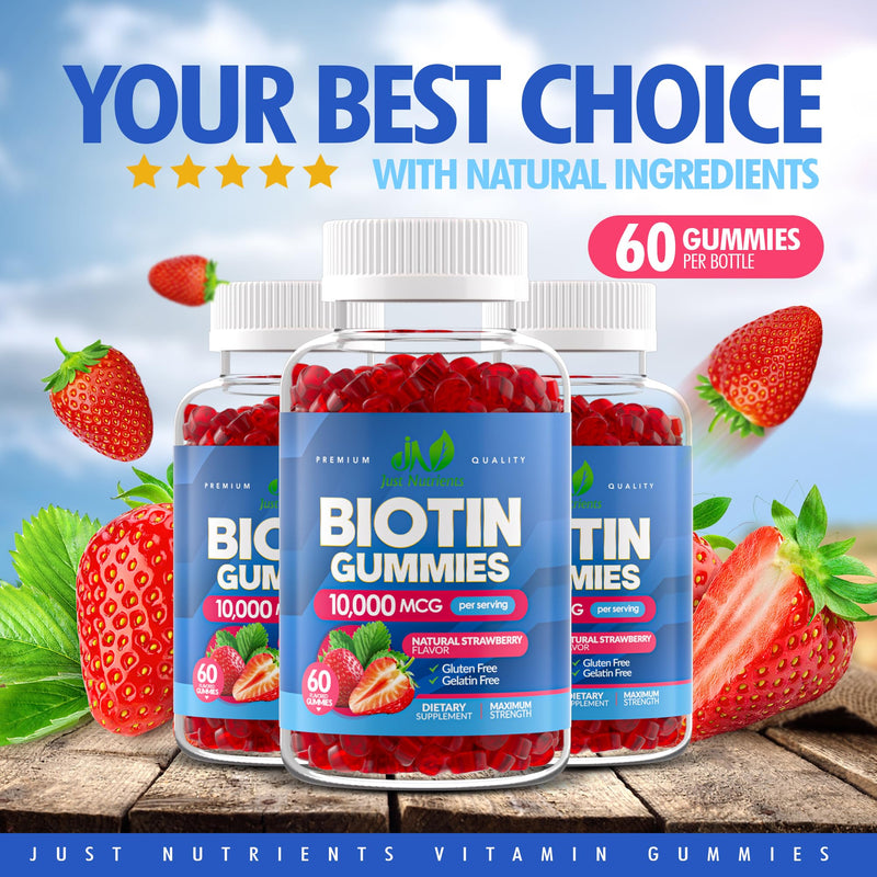 Biotin 10,000mcg Gummies for Hair Growth, Skin & Nails - 2x Maximum Strength Biotin Vitamins for Women & Men - Gluten-Free, Vegan, Non-GMO, Great Tasting Strawberry Flavor - 60 Gummies (1 Month) 60 Count (Pack of 1)