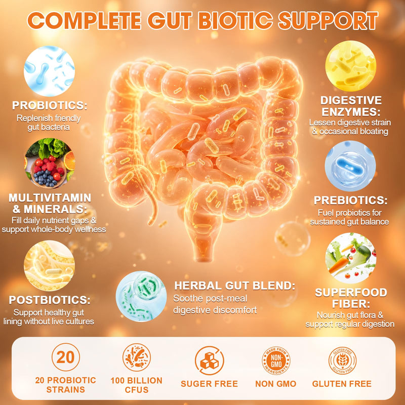 Totaria Probiotics Prebiotics & Postbiotics for Women & Men - Debloat | Blend with Digestive Enzymes & Herb - Rich in Vitamins & Minerals, Supports Gut, Digestive & Immune Health*