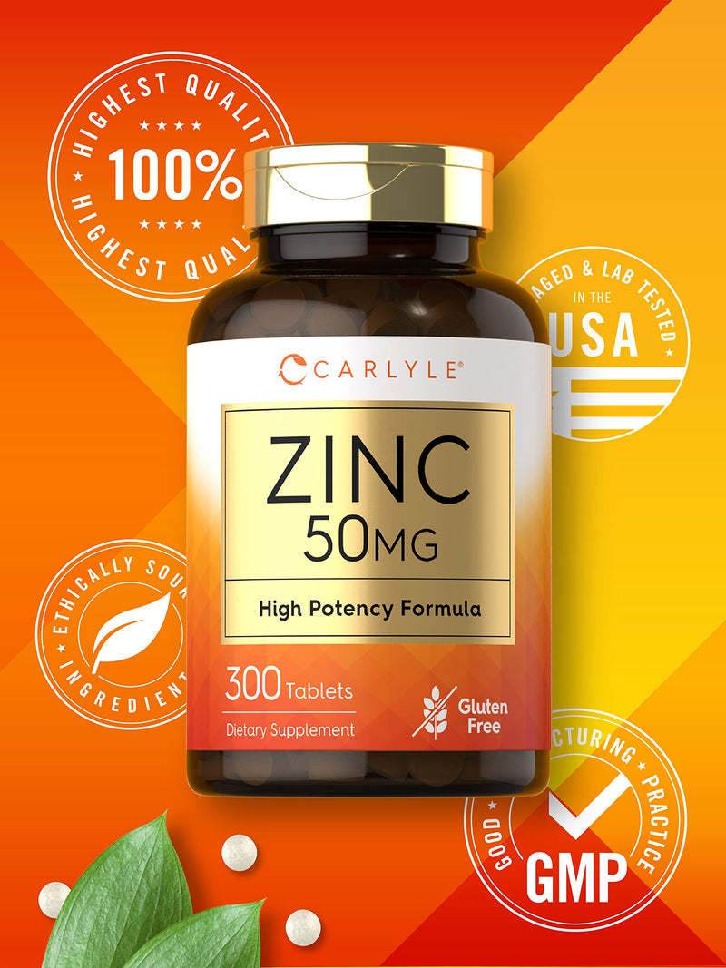 Carlyle Zinc 50mg | 300 Tablets | Vegetarian, Non-GMO, and Gluten Free Supplement | Zinc Gluconate | High Potency Formula - BeesActive Australia