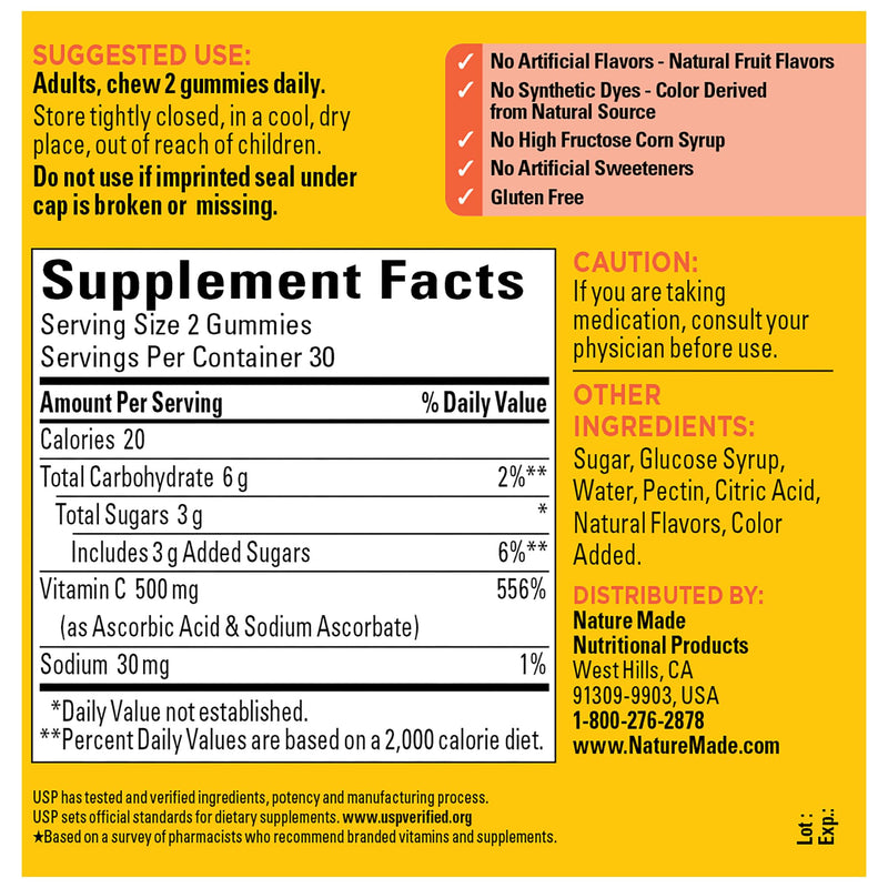 Nature Made Extra Strength Dosage Vitamin C 500 mg per serving, Dietary Supplement for Immune Support, 60 Gummies, 30 Day Supply No Artificial Sweeteners 60 Count (Pack of 1)
