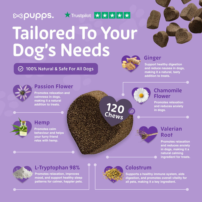 Pupps Calming Dog Treats – 120 Natural Anxiety & Stress Relief Chews | Vet Approved with Hemp, Chamomile & Valerian | Helps Reduce Barking, Separation Anxiety & Hyperactivity | UK Made for All Breeds 120 x Chews