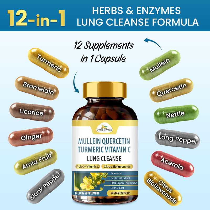 Organic Veda Mullein Quercetin Turmeric Lung Cleanse Capsules – 13 in 1 Herbal Lung Health Supplement with Bromelain, Ginger, Vitamin C – Respiratory Immune, Lung Detox for Smokers (60 Capsules) 60 Count (Pack of 1)